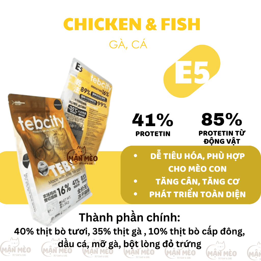 Hạt Teb City cho mèo mix topping thịt sấy, grain free túi 1,5kg hỗ trợ tiêu hóa, phát triển trí não cho mèo