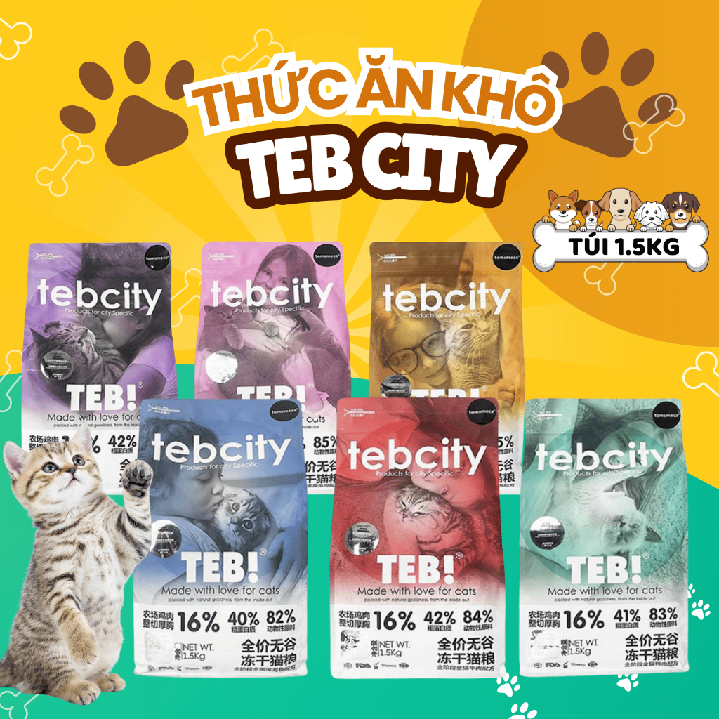 Hạt Teb City cho mèo mix topping thịt sấy, grain free túi 1,5kg hỗ trợ tiêu hóa, phát triển trí não cho mèo