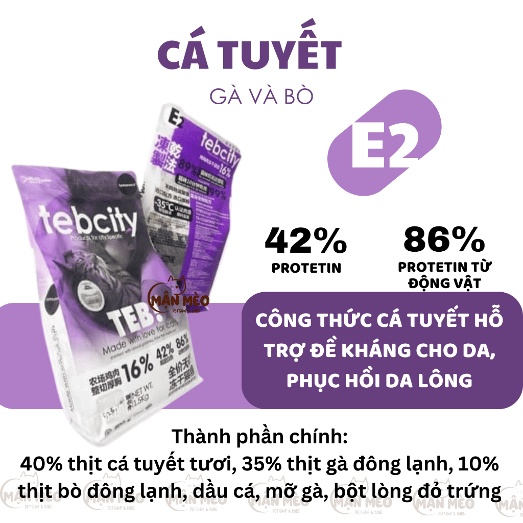 Hạt Teb City cho mèo mix topping thịt sấy, grain free túi 1,5kg hỗ trợ tiêu hóa, phát triển trí não cho mèo