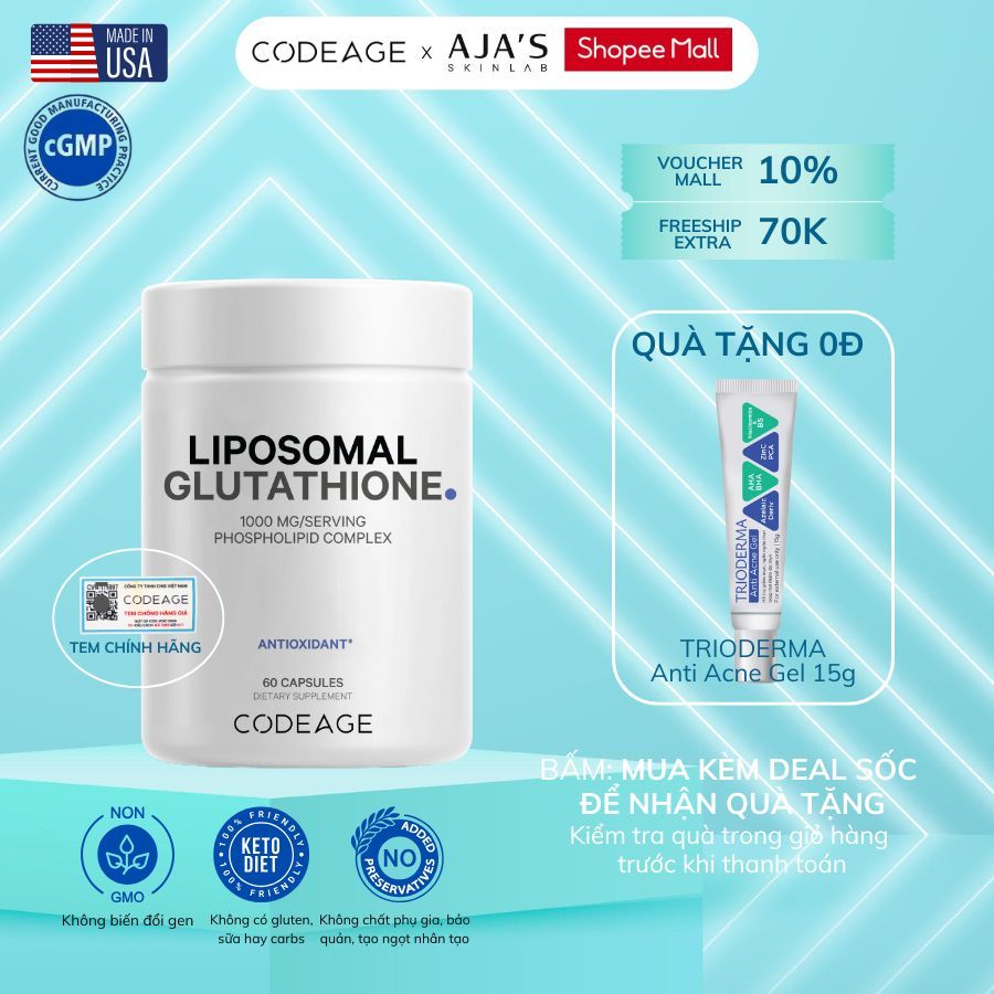 Ảnh Viên uống hỗ trợ dưỡng sáng da CodeAge Liposomal Glutathione 60 viên hỗ trợ cải thiện nám 500mg/1000mg ajaskinlab 1