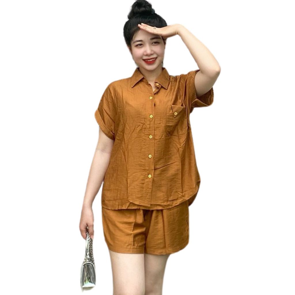 Set Đồ Xinh Bigsize 45-85kg Áo Sơ Mi Tay Ngắn Quần Đùi Có Túi ESHOP Set Bộ Đi Chơi Sang Chảnh A410