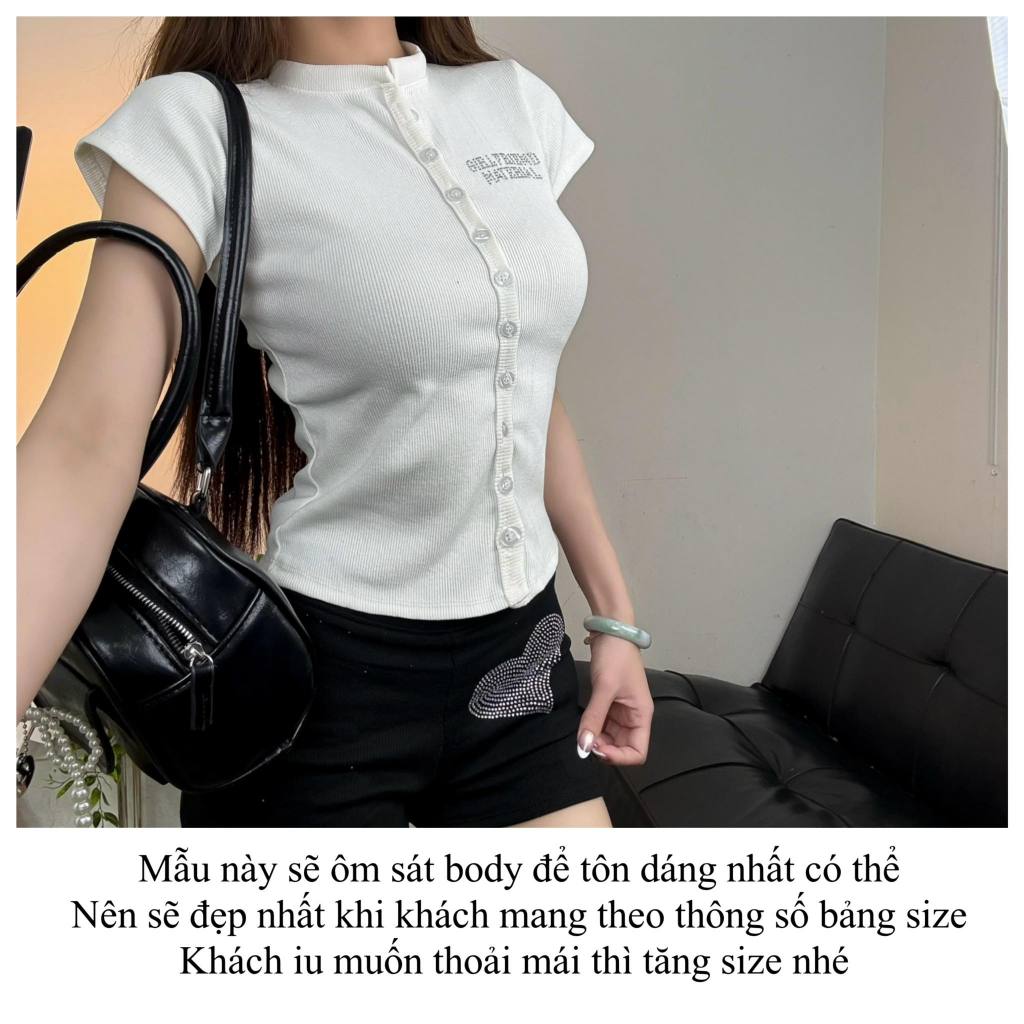 Set Áo Sơ mi nữ kiểu Body ngắn tay nữ FFCLUB Đính đá dáng ôm mix