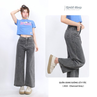 Quần jeans ống rộng 9 tấc cao dáng cho Nấm Lùn chất liệu xám Charcoal Grey (có bigsize) - quần bò dài cạp cao Kyubi JS32