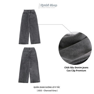 Quần jeans ống rộng 9 tấc cao dáng cho Nấm Lùn chất liệu xám Charcoal Grey (có bigsize) - quần bò dài cạp cao Kyubi JS32