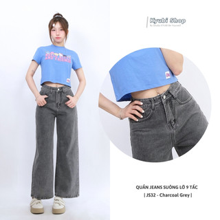 Quần jeans ống rộng 9 tấc cao dáng cho Nấm Lùn chất liệu xám Charcoal Grey (có bigsize) - quần bò dài cạp cao Kyubi JS32