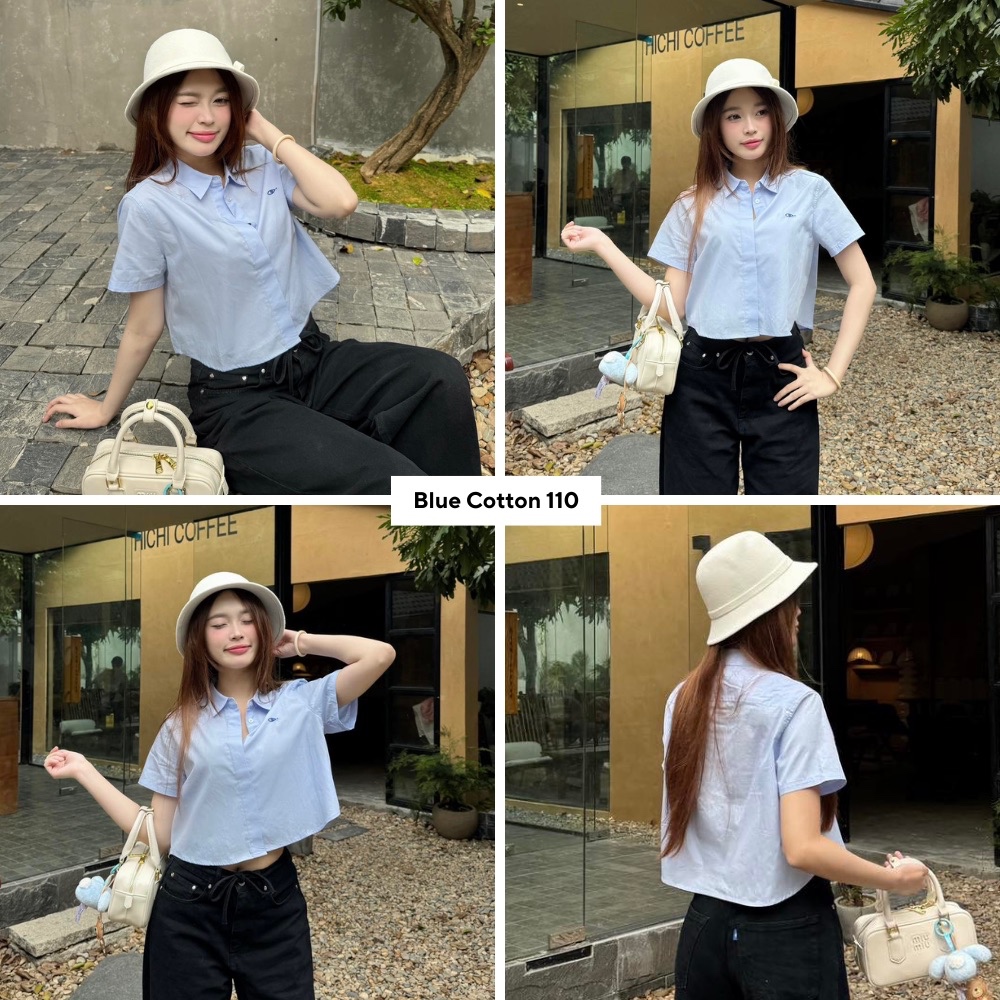 Ảnh TheBlueTshirt - Áo sơ mi croptop trơn tay ngắn nhiều màu cho nữ - Poplin Boxy Shirt - Women 4