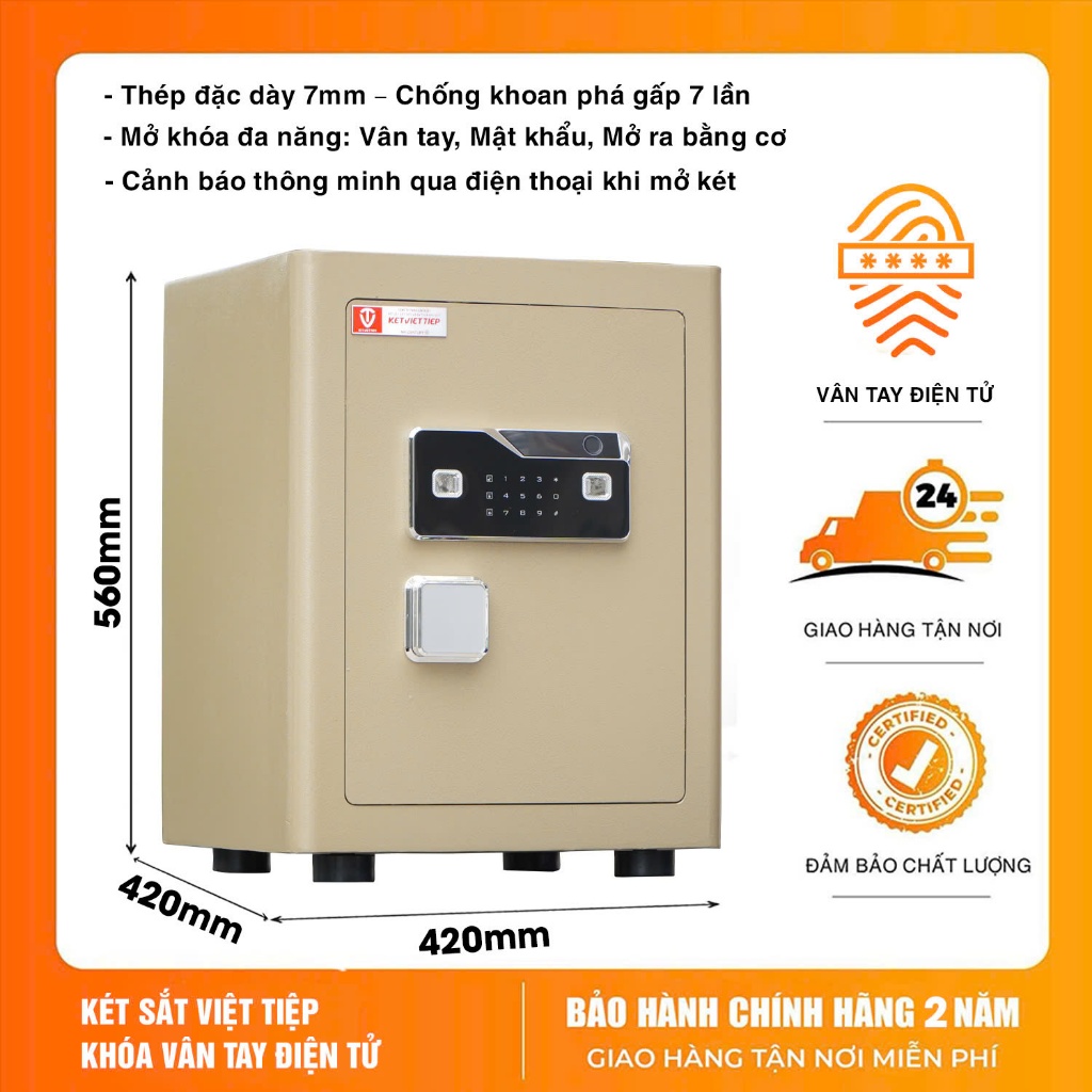 Két sắt Việt Tiệp 55kg KVTM516 Thông Minh 4IN1 Vân Tay, Điện Tử, Khóa Cơ, Kết Nối Điện Thoại Bảo Hành 2 Năm Freeship