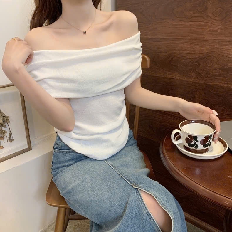 [CÓ SIZE] Áo Trễ Vai Tay Ngắn Kiểu Nữ RANSHI Thiết Kế Vạt Bầu Ôm Dáng Sexy Quyến Rũ Chất Gân Dày - RA302