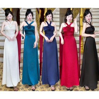 Đầm dạ hội thiết kế cổ yếm bông ngực [đen, trắng, đỏ, xanhđen, xanh nhớt ]M093
