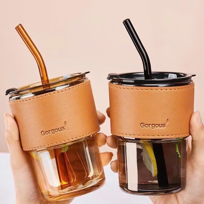 CỐC GORGOUS DÙNG ĐƯỢC CẢ ĐỒ NÓNG LẠNH - Ly Thủy Tinh Có Nắp Kèm Ống Hút-Cốc Bọc Da Sang Chảnh Dung Tích 450ml
