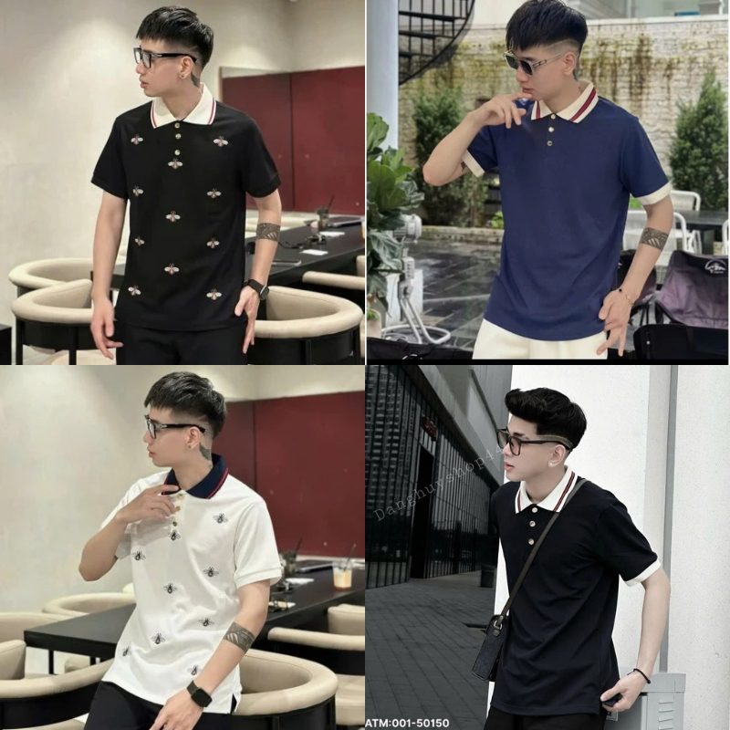 ÁO Polo Nam Cổ Bẻ  Cotton Gai Cá Sấu Họa Tiết Thêu Con Ong Phối Cổ Chun Dệt Sọc Cao Cấp Hottrend 2026