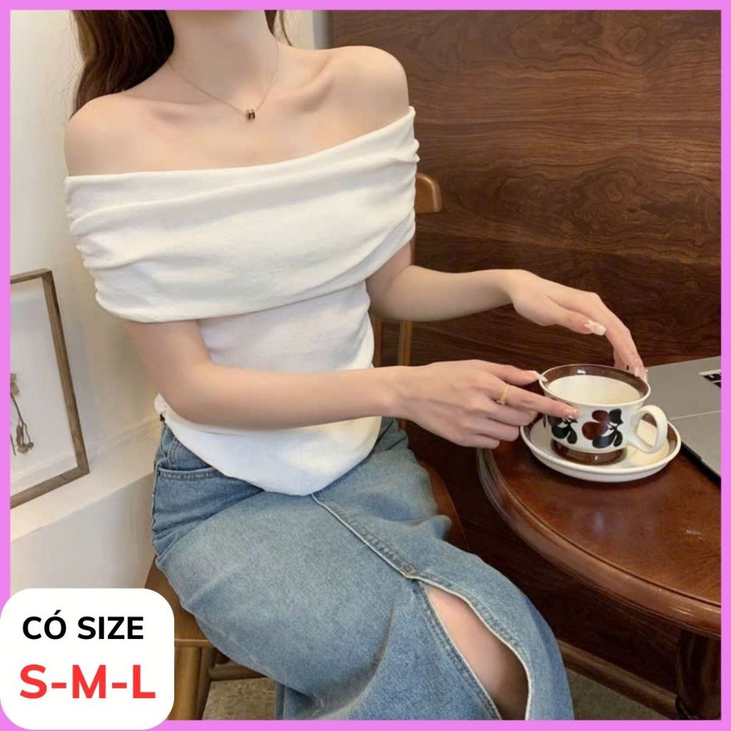 [CÓ SIZE] Áo Trễ Vai Tay Ngắn Kiểu Nữ RANSHI Thiết Kế Vạt Bầu Ôm Dáng Sexy Quyến Rũ Chất Gân Dày - RA302