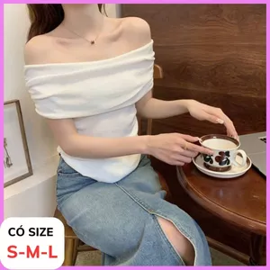 Áo Trễ Vai Tay Ngắn Kiểu Nữ RANSHI Thiết Kế Vạt Bầu Ôm Dáng Sexy Quyến Rũ Chất Gân Dày - RA302