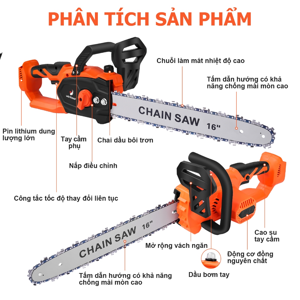 Máy cưa xích 16 inch,Cưa xích pin cầm tay Có Tra Nhớt - Động cơ không chổi than - Bảo hành 12 tháng