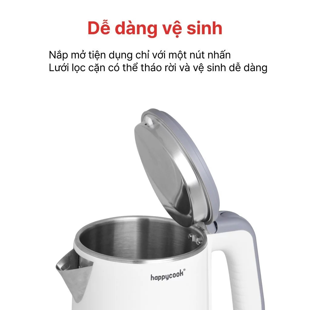 Ấm siêu tốc Happycook HEK-120PW - 2 lớp chống nóng - Bảo hành chính hãng 12 tháng