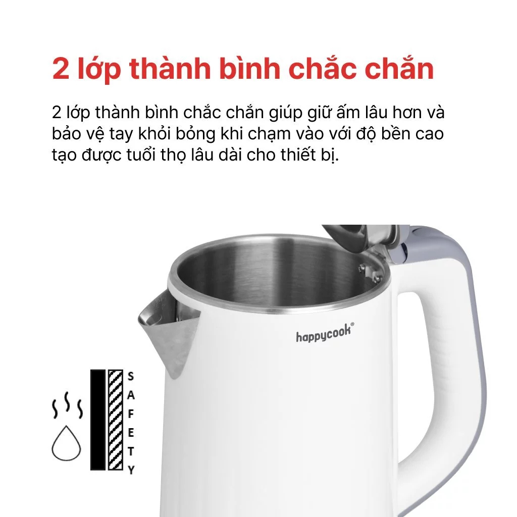 Ấm siêu tốc Happycook HEK-120PW - 2 lớp chống nóng - Bảo hành chính hãng 12 tháng
