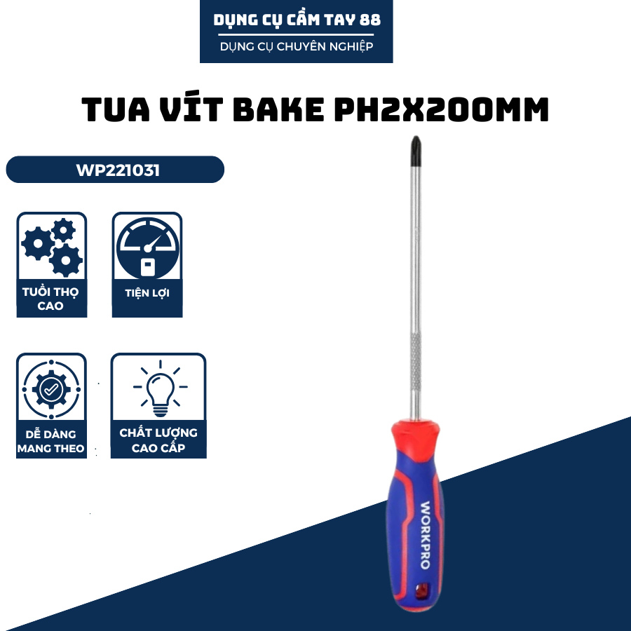 Tua vít bake PH2x200mm WORKPRO WP221031 thép CR-V cao cấp, tay cầm bọc cao su chống trơn trượt - Hàng chuẩn chính hãng