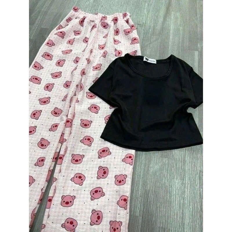 Sét bộ quần heo Hồng + mix áo croptop trơn tăm lạnh