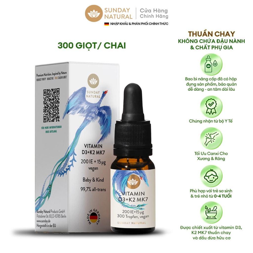 Ảnh Sunday Natural Vitamin D3K2 Thuần Chay 100% Cho Bé 0-4 Tuổi, Tăng Sức Đề Kháng, Xương Chắc Khoẻ, Bé Cao Lớn 1