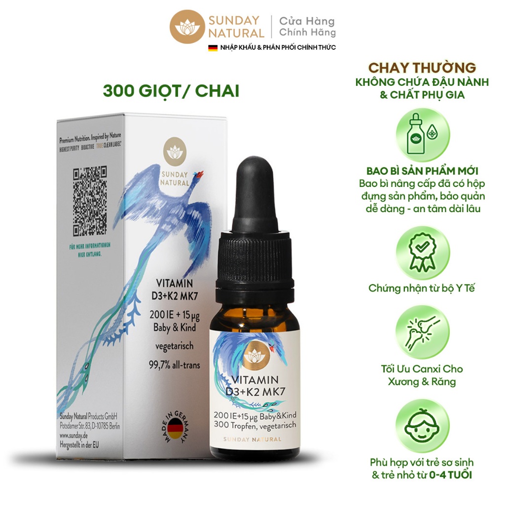 Ảnh Sunday Natural Vitamin D3K2 Cho Bé 0-4 Tuổi, Tăng Hấp Thu Canxi, Tăng Cường Miễn Dịch, Chay thường 1