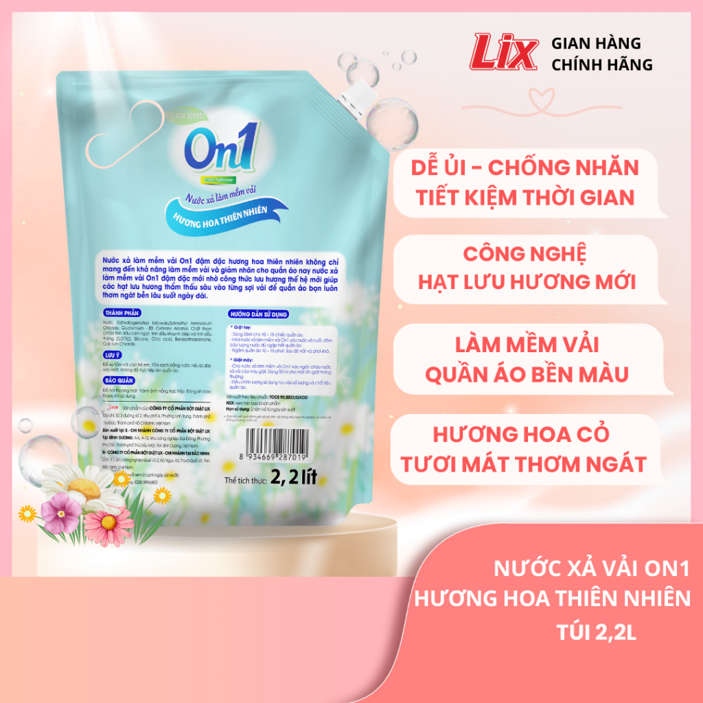 Ảnh Nước xả vải ON1 hương hoa thiên nhiên 1,8L- 2.2L-3.2L, nước xả quần áo lưu hương trên sợi vải 2
