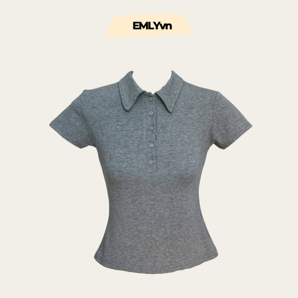 EMLY - Áo Thun Nữ Cộc Tay Cổ Đức Chất Áo Cotton Zip Ôm Body, Áo Polo Cộc Tay Nữ Dáng Ôm Cao Cấp