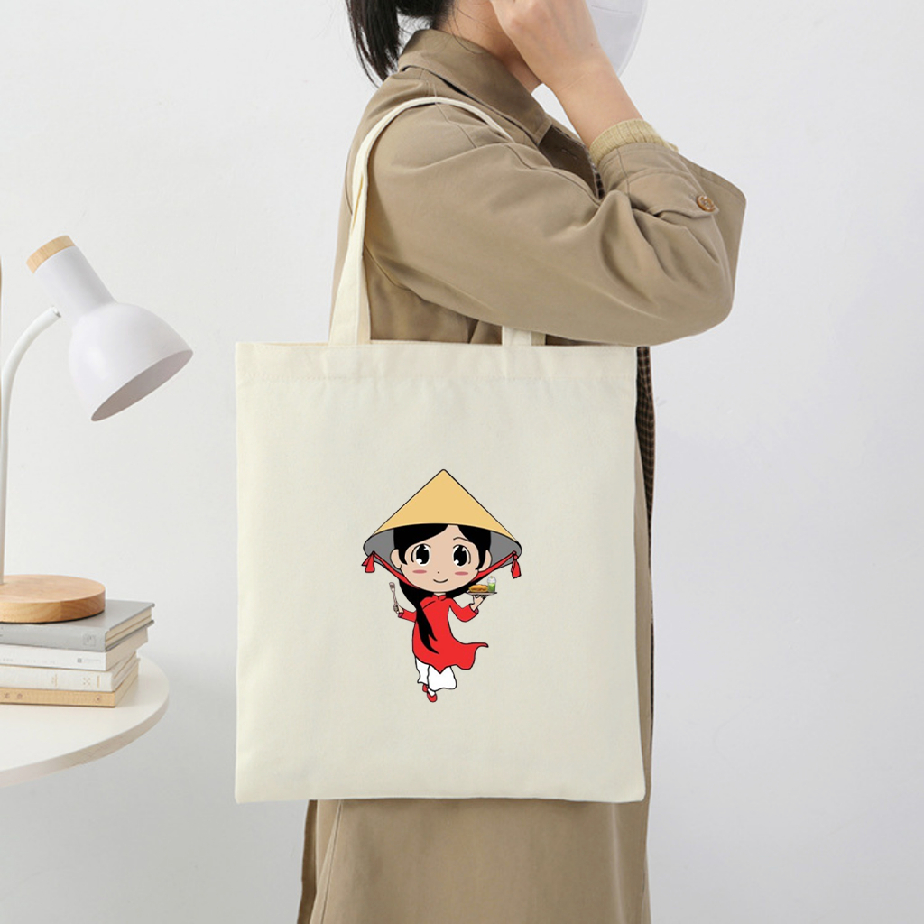 Túi vải Canvas HÀNG XINH GIÁ RẺ Túi Tote vải canvas,họa tiết CÔ GÁI VỚI TÀ ÁO DÀI VÀ NÓN LÁ  phù hợp đi làm, đi chơi