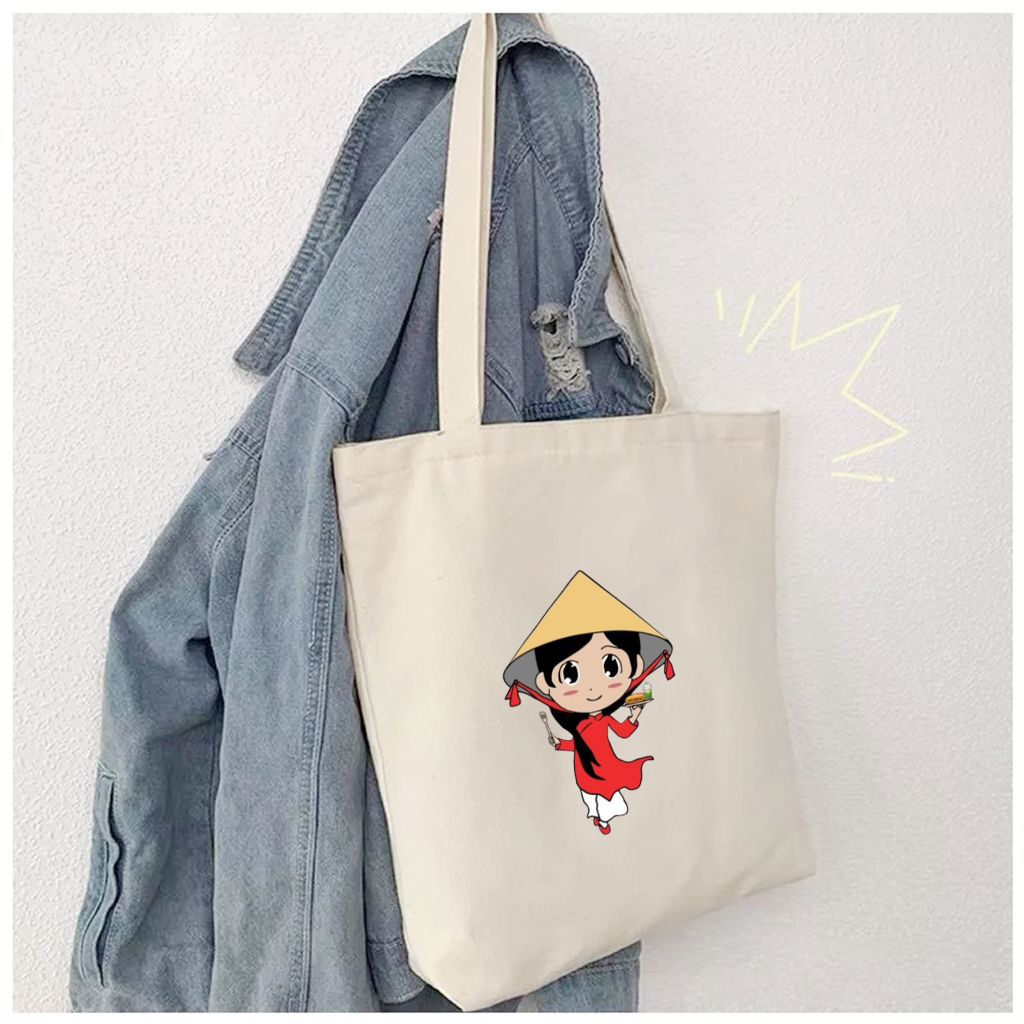 Túi vải Canvas HÀNG XINH GIÁ RẺ Túi Tote vải canvas,họa tiết CÔ GÁI VỚI TÀ ÁO DÀI VÀ NÓN LÁ  phù hợp đi làm, đi chơi