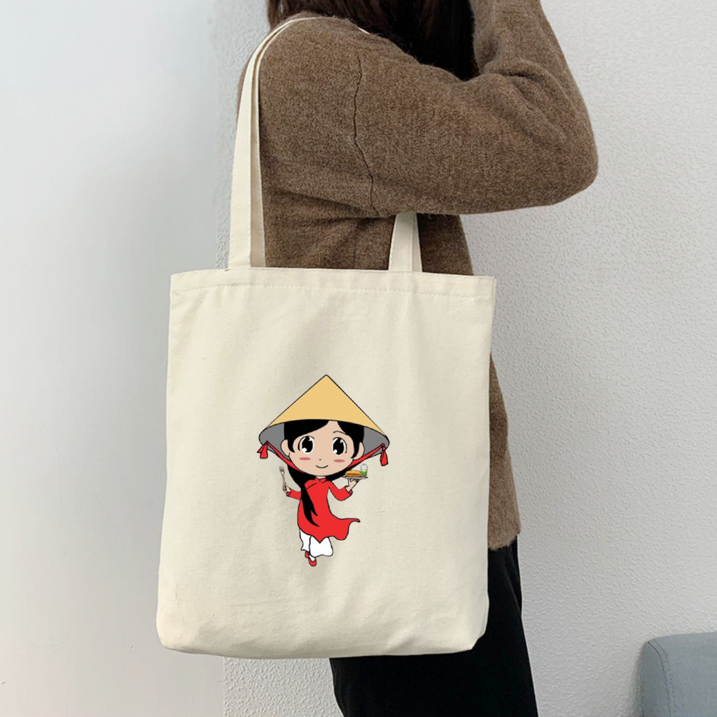Túi vải Canvas HÀNG XINH GIÁ RẺ Túi Tote vải canvas,họa tiết CÔ GÁI VỚI TÀ ÁO DÀI VÀ NÓN LÁ  phù hợp đi làm, đi chơi