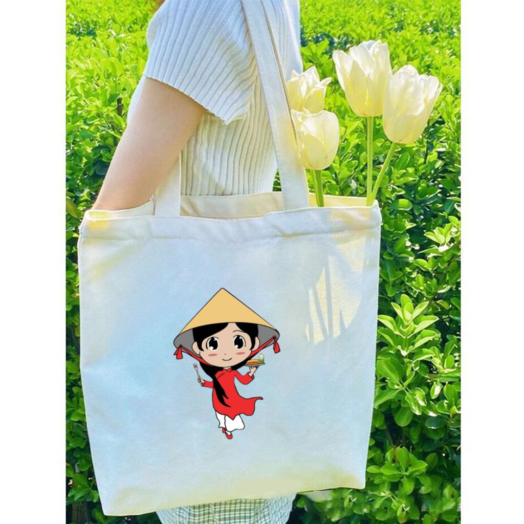 Túi vải Canvas HÀNG XINH GIÁ RẺ Túi Tote vải canvas,họa tiết CÔ GÁI VỚI TÀ ÁO DÀI VÀ NÓN LÁ  phù hợp đi làm, đi chơi