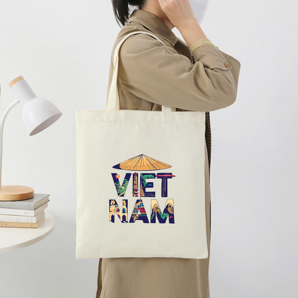 Túi vải Canvas HÀNG XINH GIÁ RẺ Túi Tote vải canvas CÓ KHÓA ,họa tiết CHỮ VIỆT NAM CÁCH ĐIỆU phù hợp đi làm, đi chơi