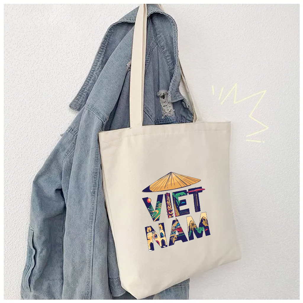 Túi vải Canvas HÀNG XINH GIÁ RẺ Túi Tote vải canvas CÓ KHÓA ,họa tiết CHỮ VIỆT NAM CÁCH ĐIỆU phù hợp đi làm, đi chơi
