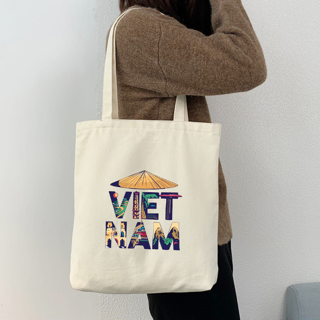 Túi vải Canvas HÀNG XINH GIÁ RẺ Túi Tote vải canvas CÓ KHÓA ,họa tiết CHỮ VIỆT NAM CÁCH ĐIỆU phù hợp đi làm, đi chơi