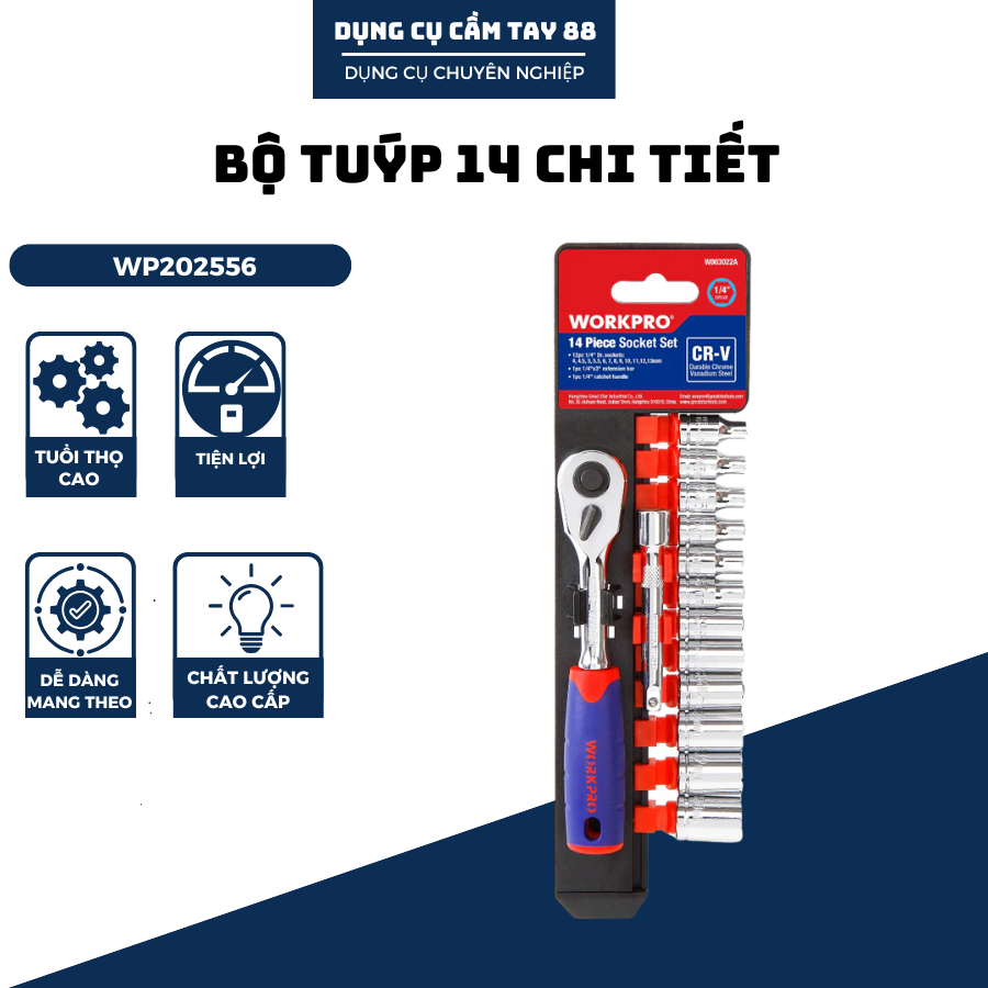 Bộ tuýp 14 chi tiết/ bộ 14 đầu vặn khẩu 1/4 inch WORKPRO WP202556 - Thép Cr-V cao cấp siêu bền - Hàng chính hãng