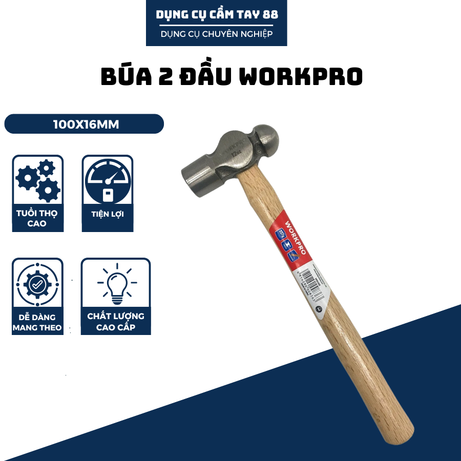 Búa 2 đầu WORKPRO 1 đầu bằng và 1 đầu bi 225g (8oz) 337g(12Oz) cán gỗ WP241024 WP241025 - Hàng chuẩn chính hãng