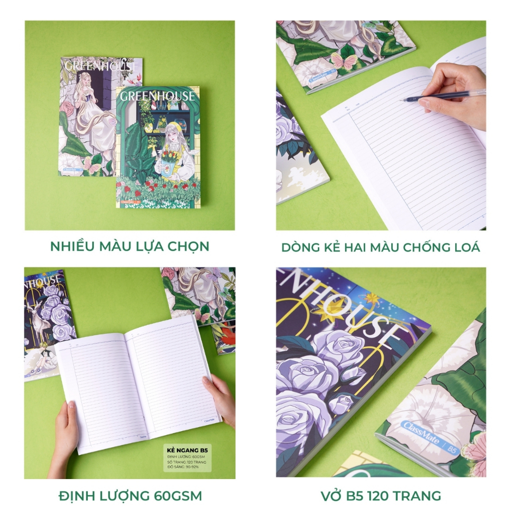 Vở ClassMate Vở Kẻ Ngang 120 Trang Tập Học Sinh B5 Bìa Cán Vân Cán Bóng Chống Nước, Vở Ghi Bài Green House NB5-12-0507