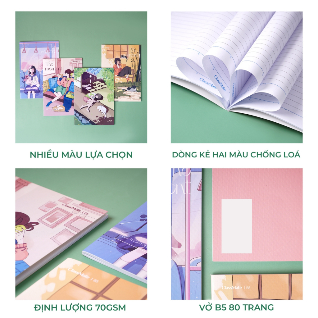 [Tặng Bút] Combo 5/10 Vở Kẻ Ngang Có Chấm The Moment Classmate Bìa Chống Nước, Giấy Ăn Mực, Vở Viết B5, 80/120/200 Trang