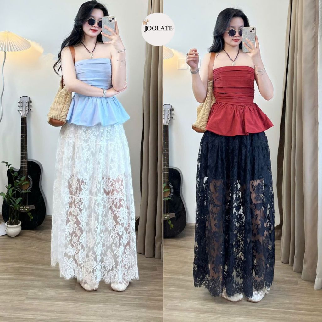 Chân váy maxi ren dáng chữ A dài cạp chun hoạ tiết ren hoa dày dặn siêu hot