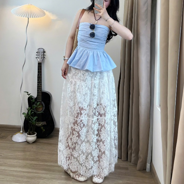 Chân váy maxi ren dáng chữ A dài cạp chun hoạ tiết ren hoa dày dặn siêu hot
