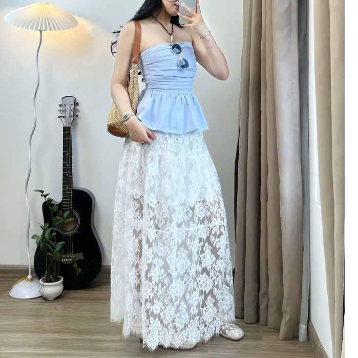 Chân váy maxi ren dáng chữ A dài cạp chun hoạ tiết ren hoa dày dặn siêu hot