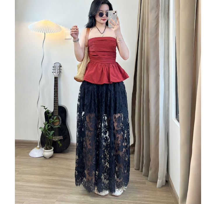 Chân váy maxi ren dáng chữ A dài cạp chun hoạ tiết ren hoa dày dặn siêu hot
