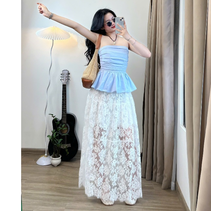 Chân váy maxi ren dáng chữ A dài cạp chun hoạ tiết ren hoa dày dặn siêu hot