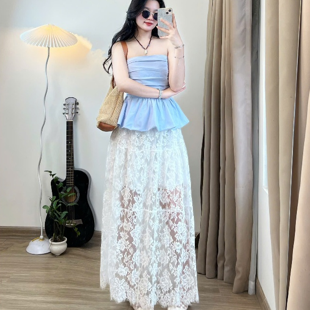 Chân váy maxi ren dáng chữ A dài cạp chun hoạ tiết ren hoa dày dặn siêu hot