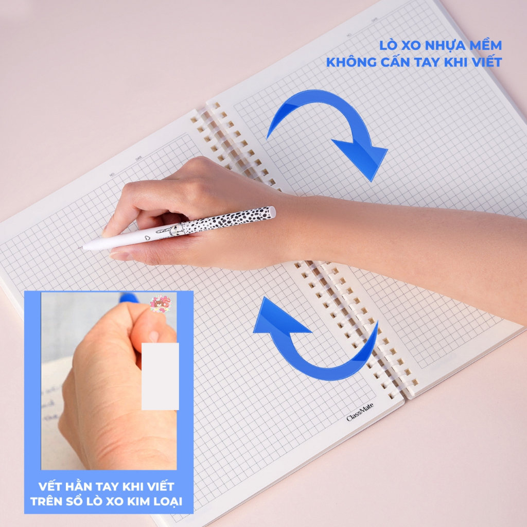 Sổ Lò Xo Nhựa Mềm 100GSM Tỳ Lên Không Đau Tay Dòng Kẻ Caro 5mm, Sổ 150 Trang Sổ B5/A5 Thiết Kế Macarons Tập Vở Classmate