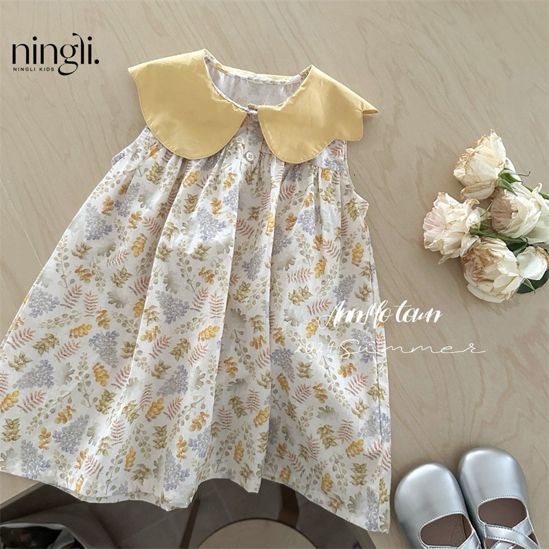 (Order) Váy cổ sen hoa nhí vàng phong cách nhẹ nhàng nữ tính Hàn Quốc dành cho bé gái