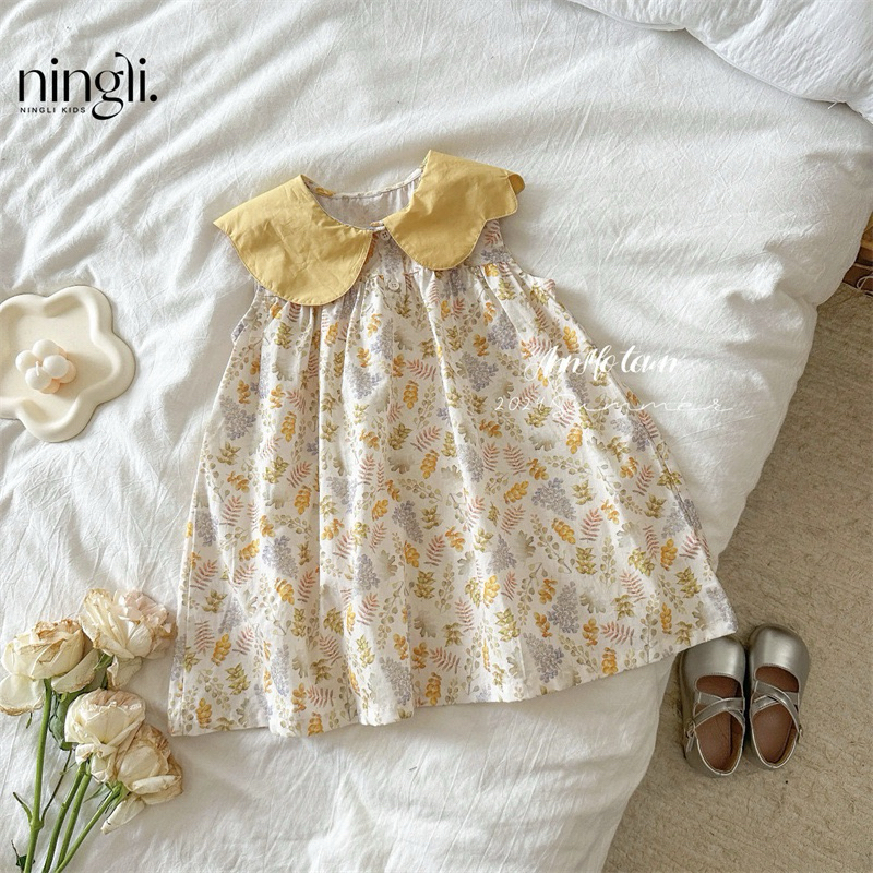 (Order) Váy cổ sen hoa nhí vàng phong cách nhẹ nhàng nữ tính Hàn Quốc dành cho bé gái