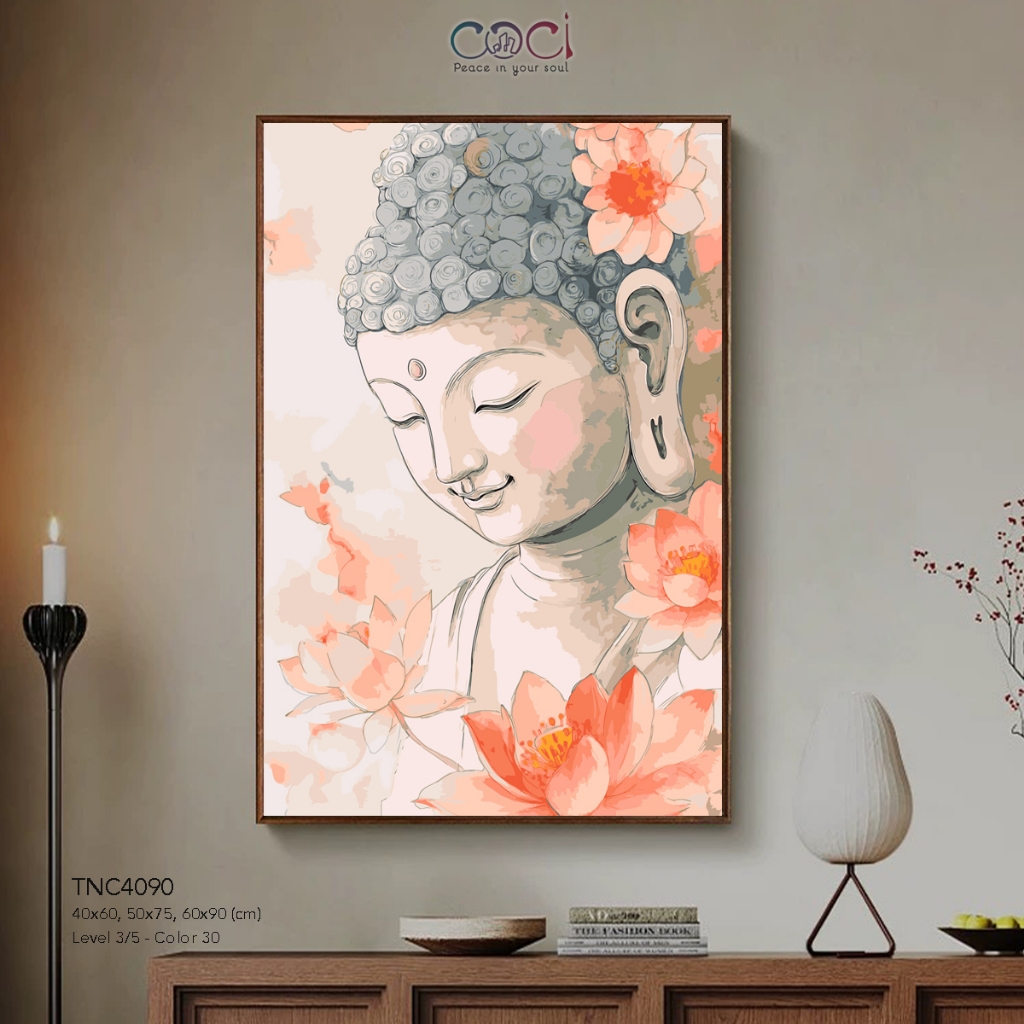 Tranh Tô Màu Số Hóa Đức Phật Hoa Sen Phật Thích Ca Mâu Ni COCI Tô Màu Theo Số Có Khung TNC4090