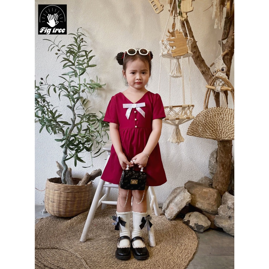 Váy Bé Gái Fig Tree Dáng Xòe Tiểu Thư Màu Đỏ Phối Nơ Trắng, Chất Cotton Mềm mịn, Có size từ 7-37kg