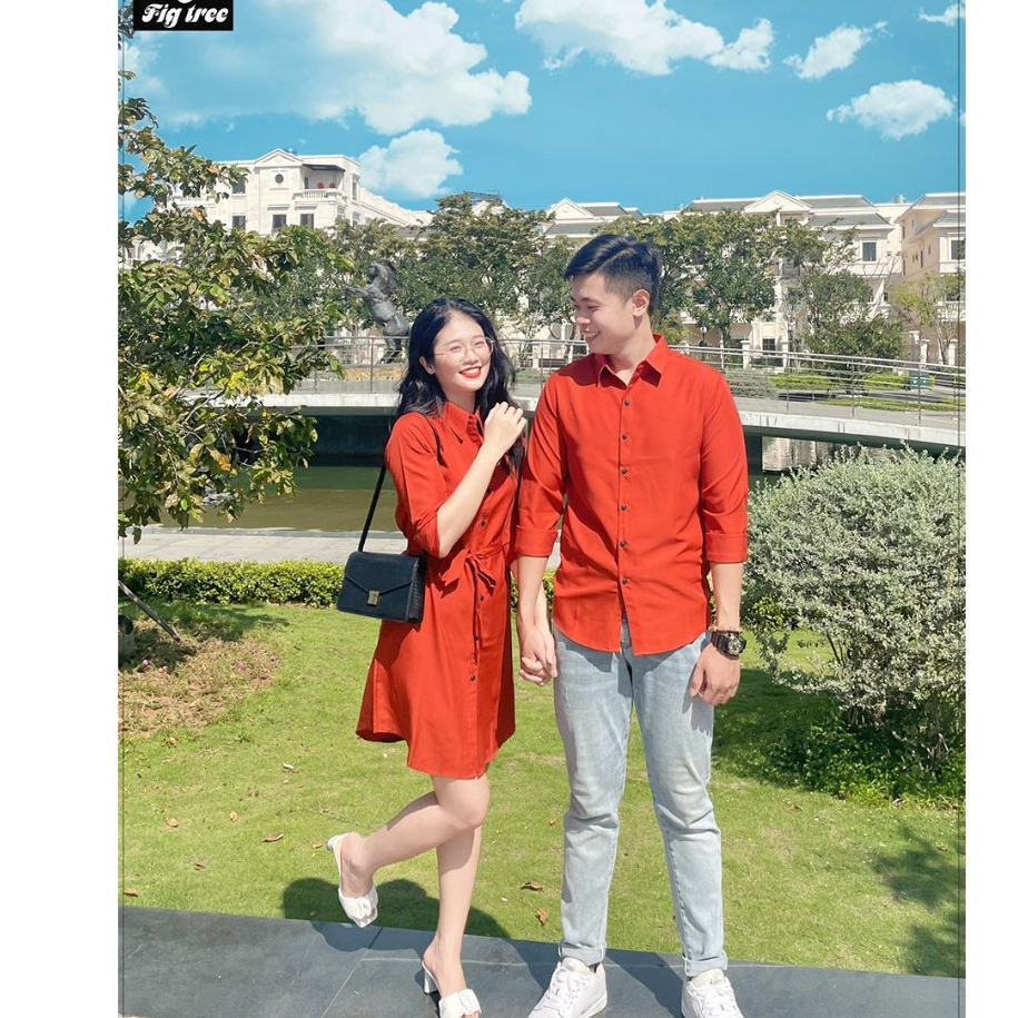 Set Sơ Mi Váy Đôi Fig Tree Màu Cam Gạch Siêu Sang Chảnh Cho Couple