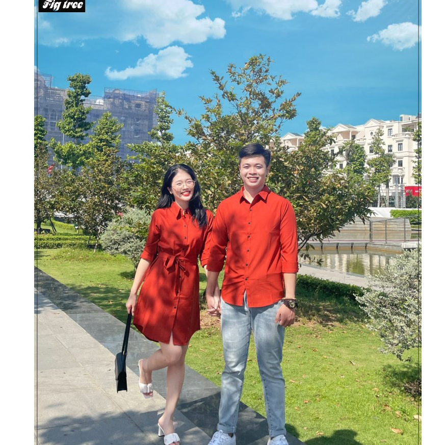 Set Sơ Mi Váy Đôi Fig Tree Màu Cam Gạch Siêu Sang Chảnh Cho Couple